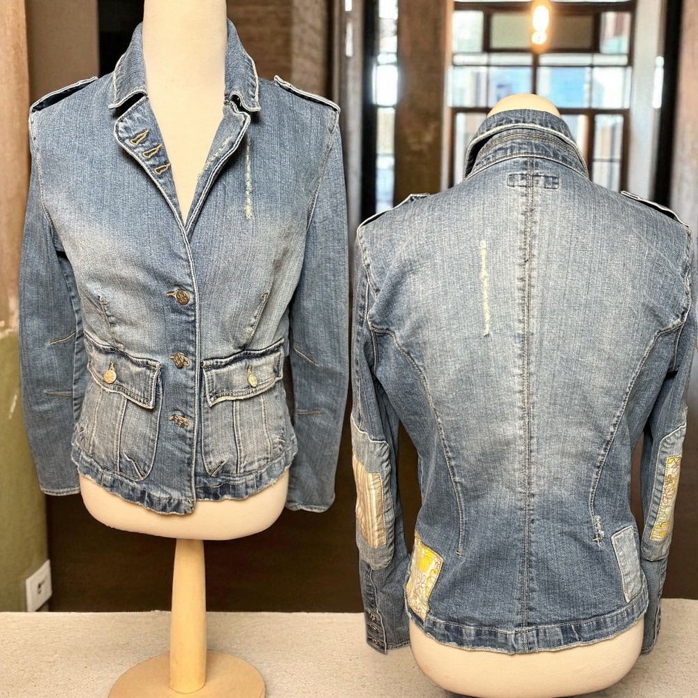 Y2K Plugg Denim Blazer Jacket Size‎ L Boho Patchwork Elbow Retro Military Style